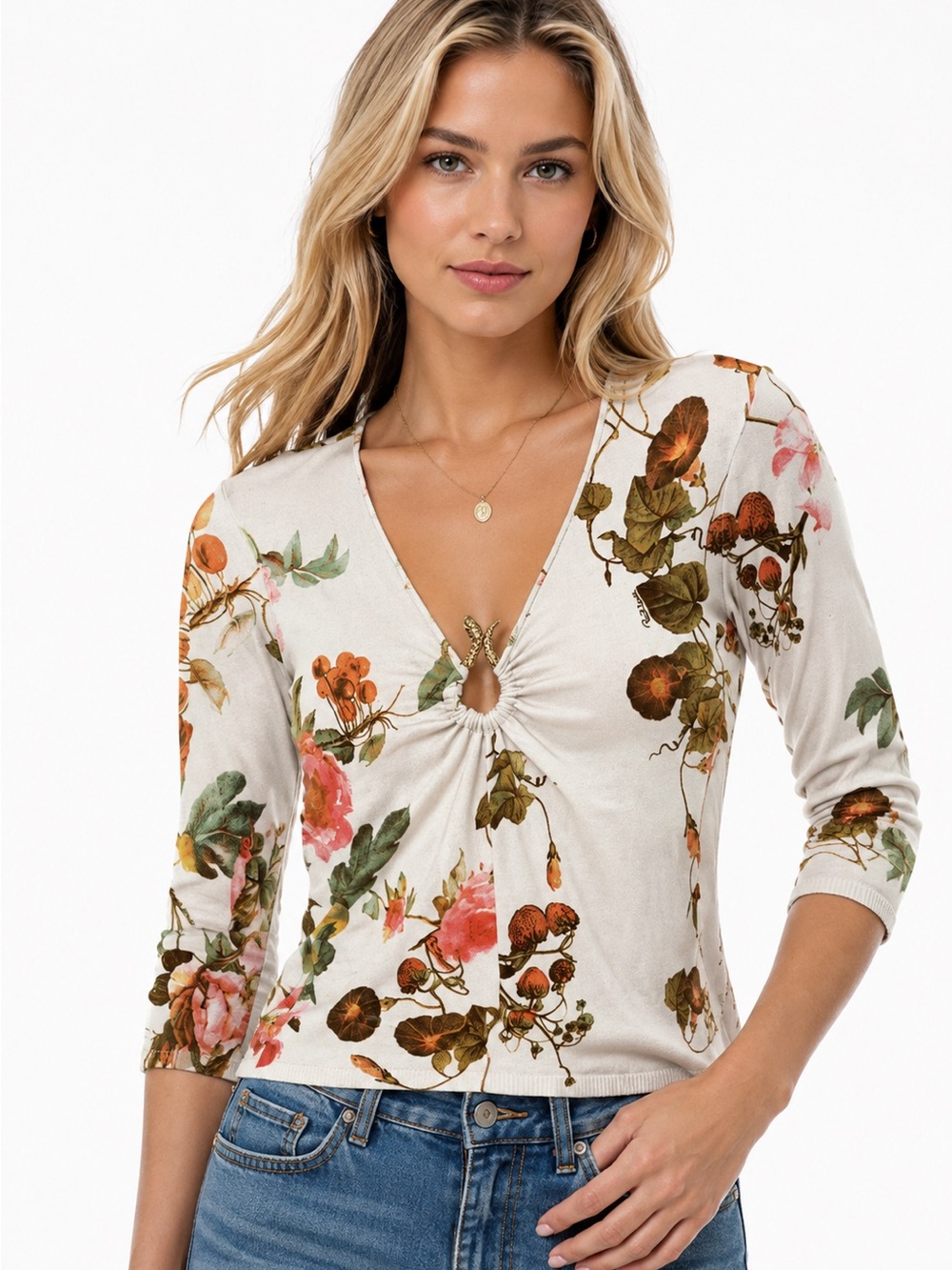 Roberto Cavalli Cream Floral Keyhole Long Sleeve Top